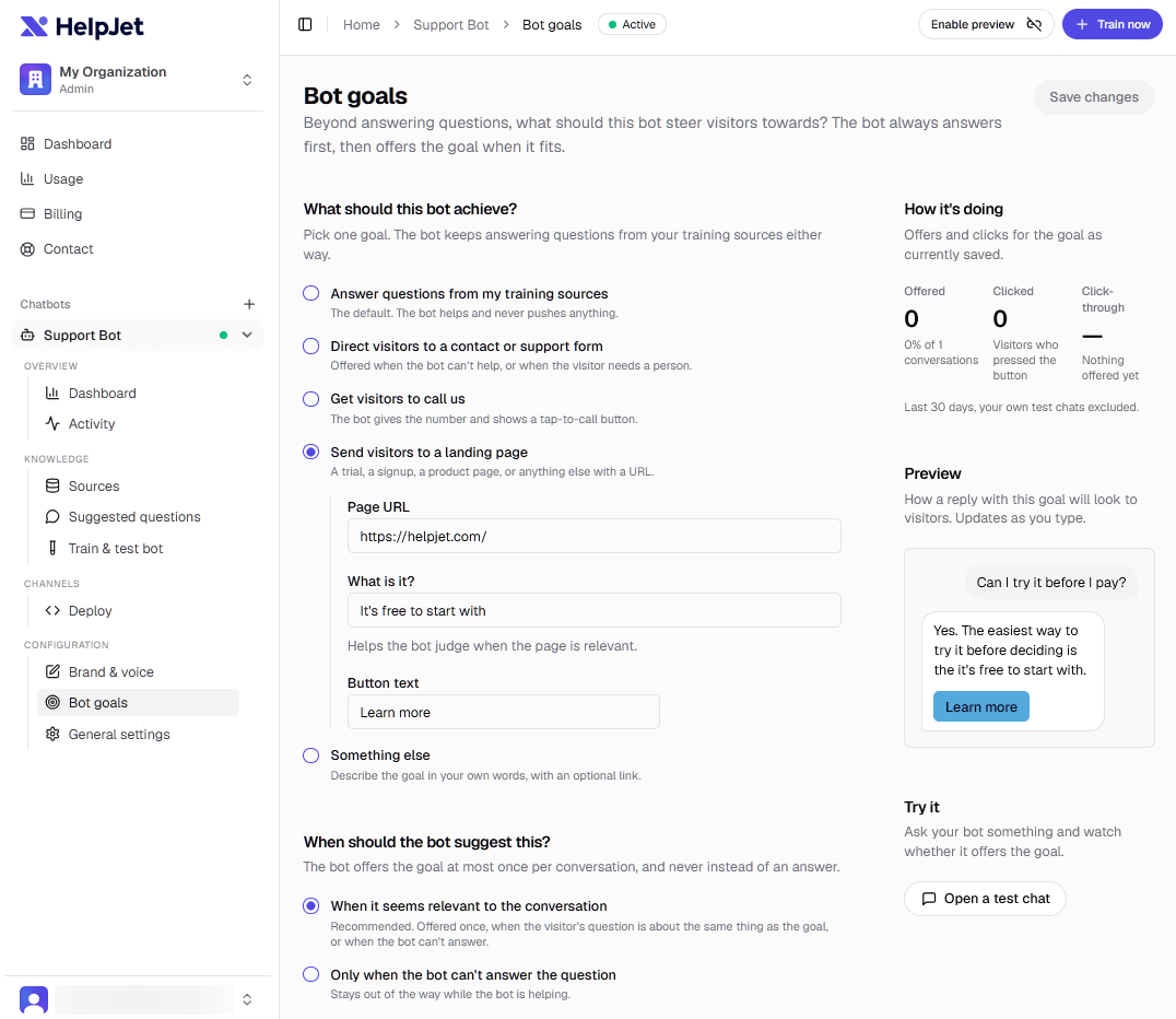 HelpJet bot goals for lead generation