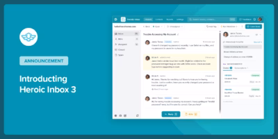 Teal hero with a circular white logo on the left an announcement badge and the headline introducing heroic inbox 3 beside a product screenshot on the right