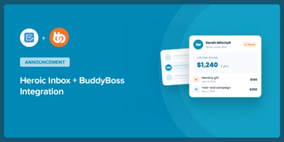 Teal Ankündigungsbanner, das Heroic Inbox und BuddyBoss-Integration mit Logo-Symbolen auf der linken Seite und einer Profilkarte auf der rechten Seite zeigt