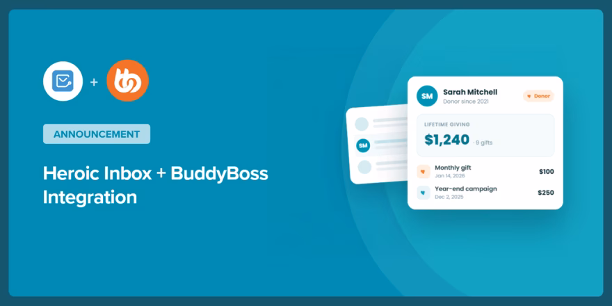 Teal announcement banner showing heroic inbox and buddyboss integration with logo icons on the left and a profile card on the right
