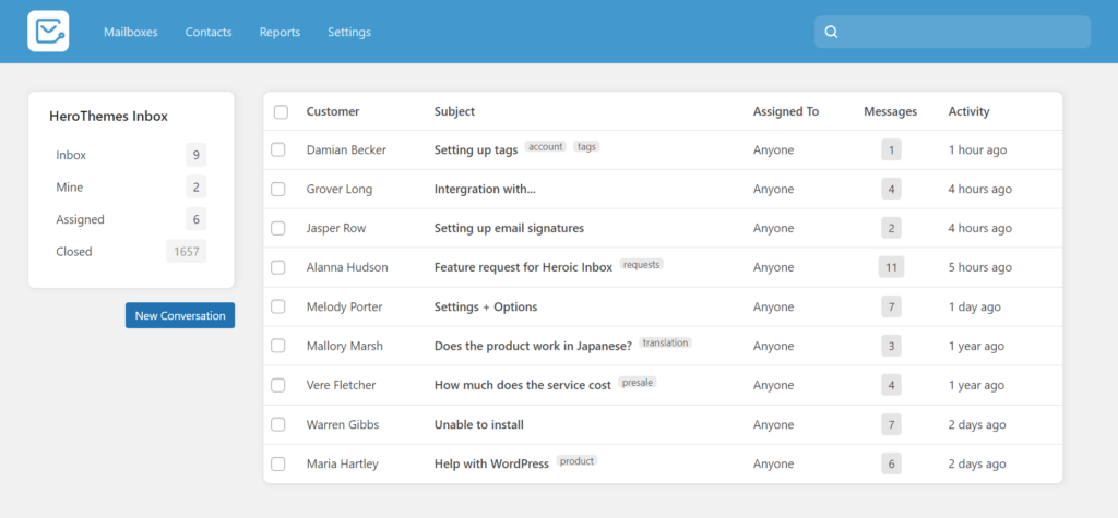 Inbox view in the helpdesk created with Heroic inbox. 