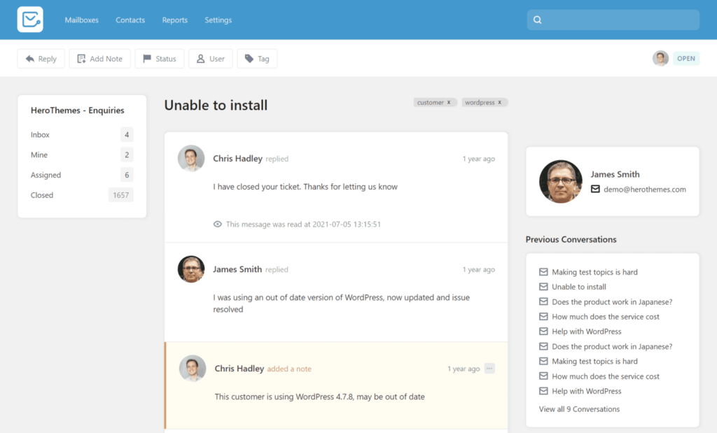 Ticket interface of an IT ticketing system called Heroic Inbox.