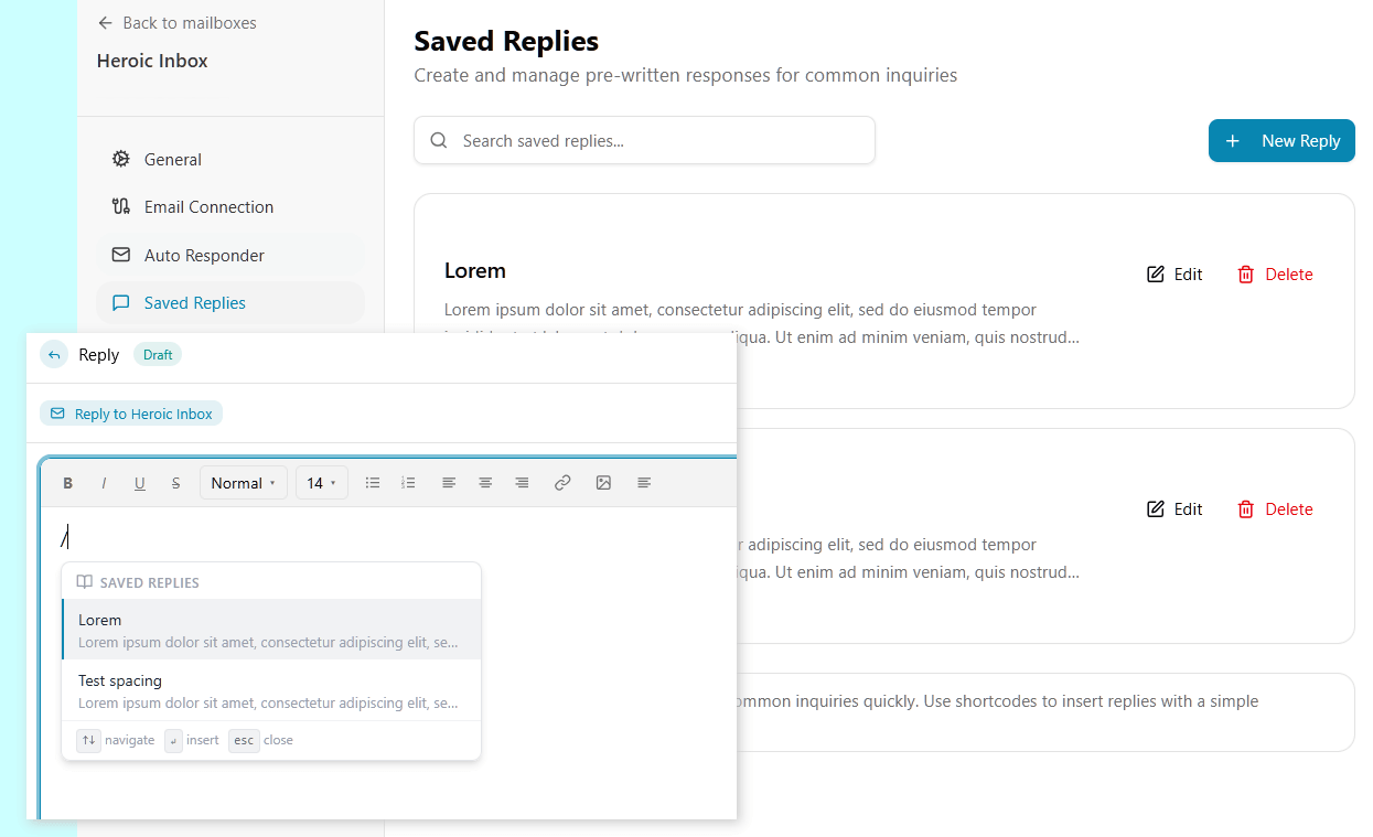 Heroic inbox saved replies