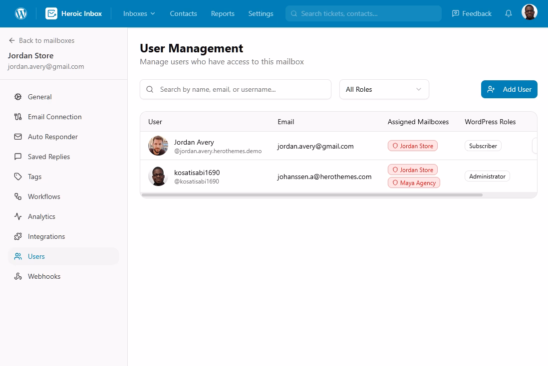 Heroic inbox user management
