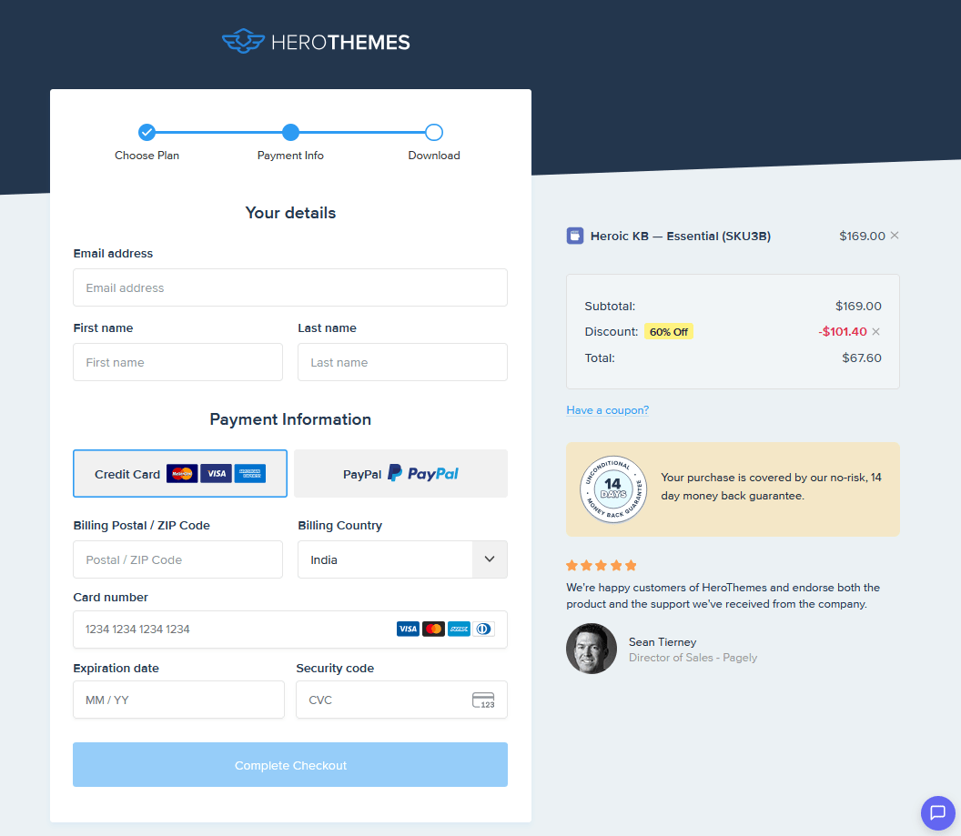 HeroThemes sign-up process with product purchase