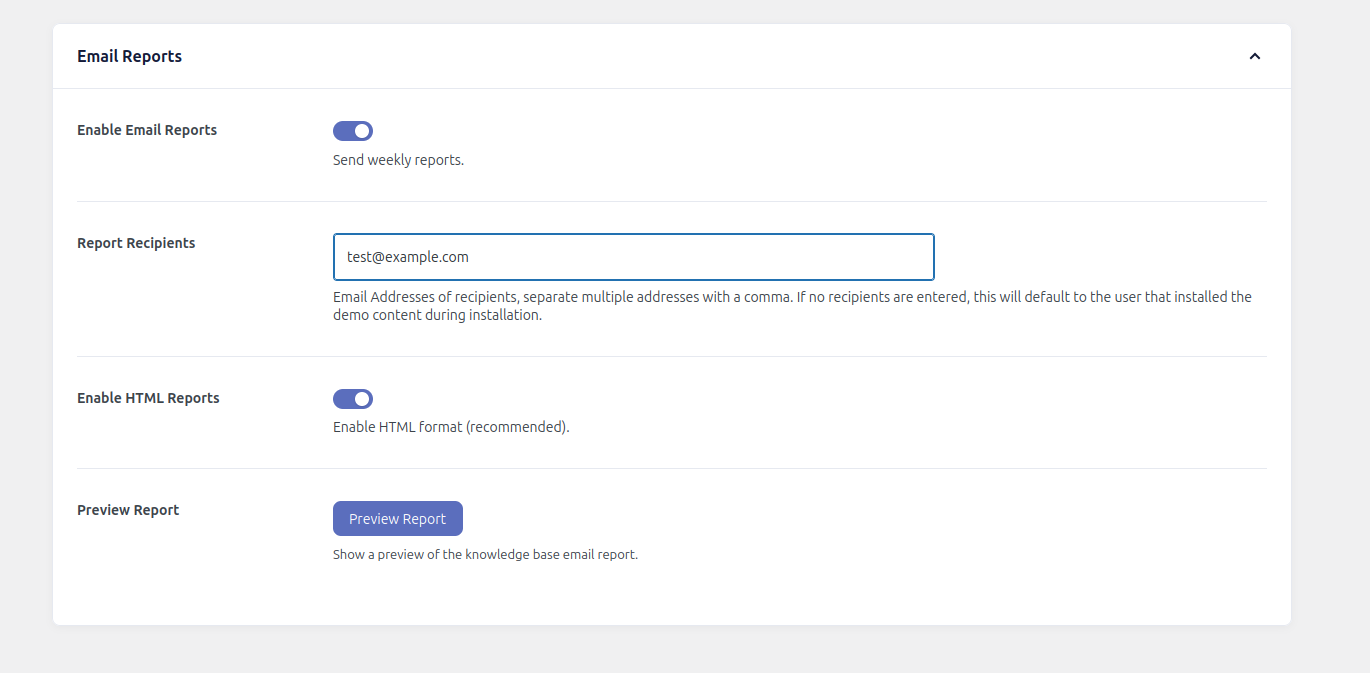 Knowledge base email reports settings
