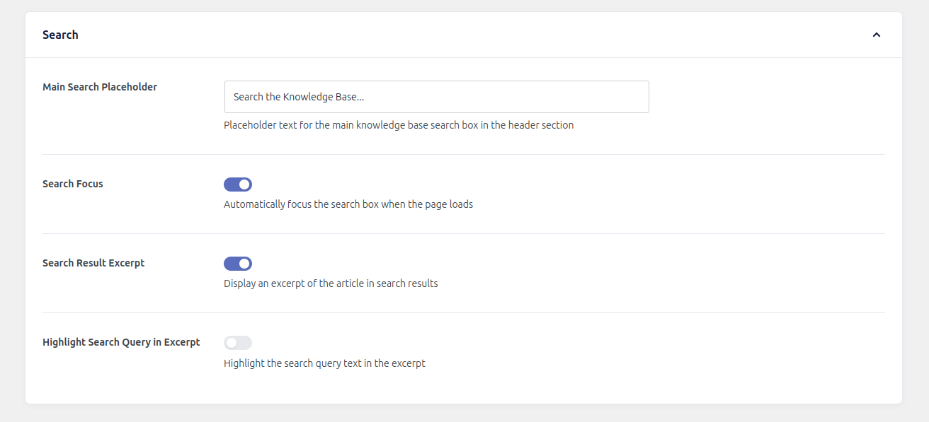 Search display options for the knowledge base