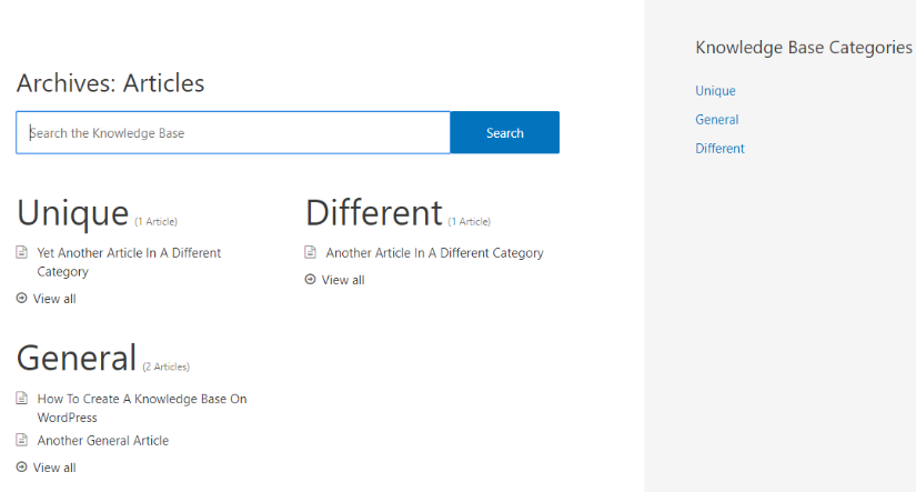 Knowledge base article listing