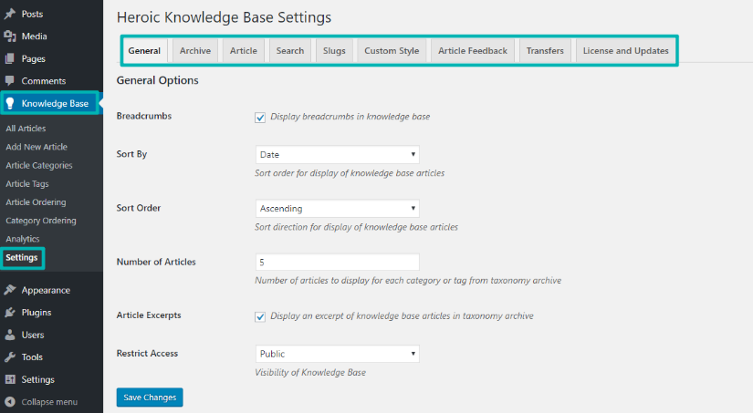 Changing Heroic Knowledge Base settings