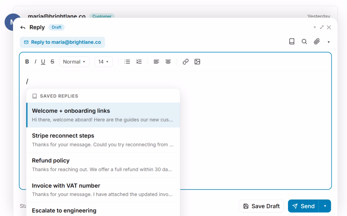Reply window open with a saved replies dropdown listing options like welcome + onboarding links and others plus save draft and send buttons