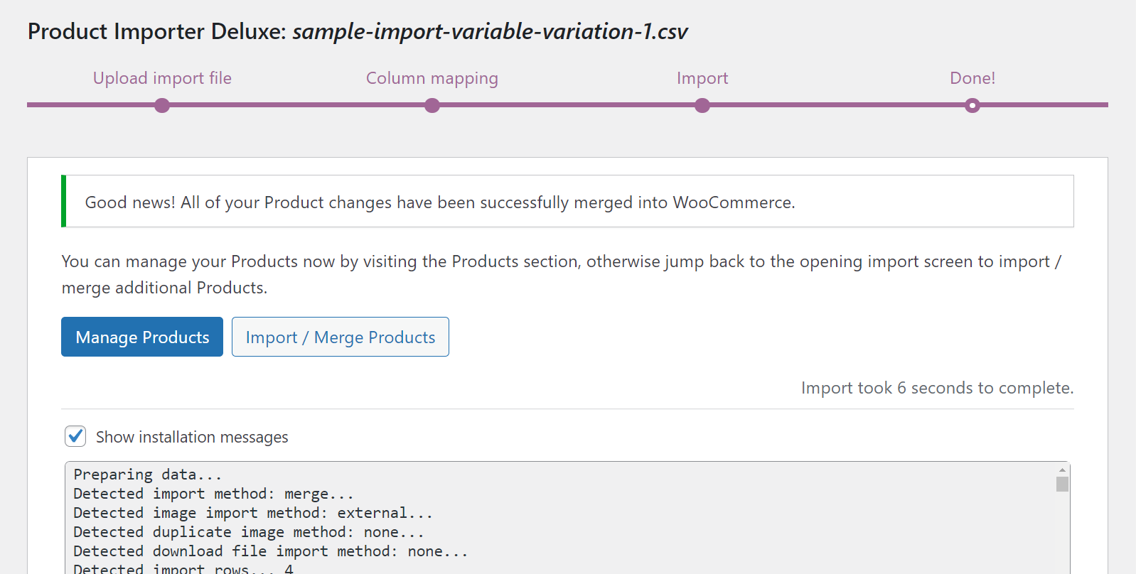 Import successful message
