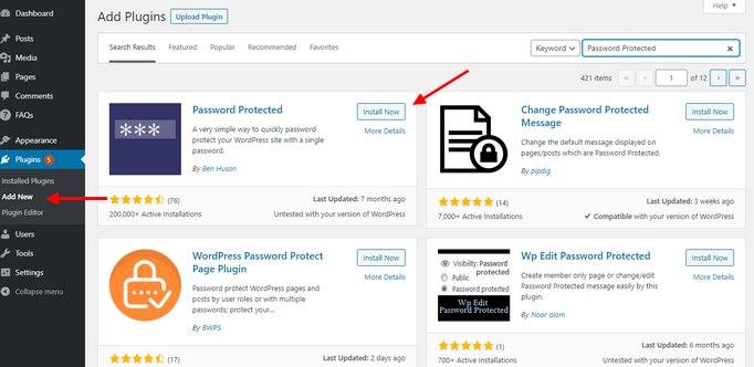 Installing Password Protected plugin