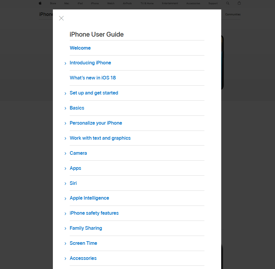 iPhone user guide table of content