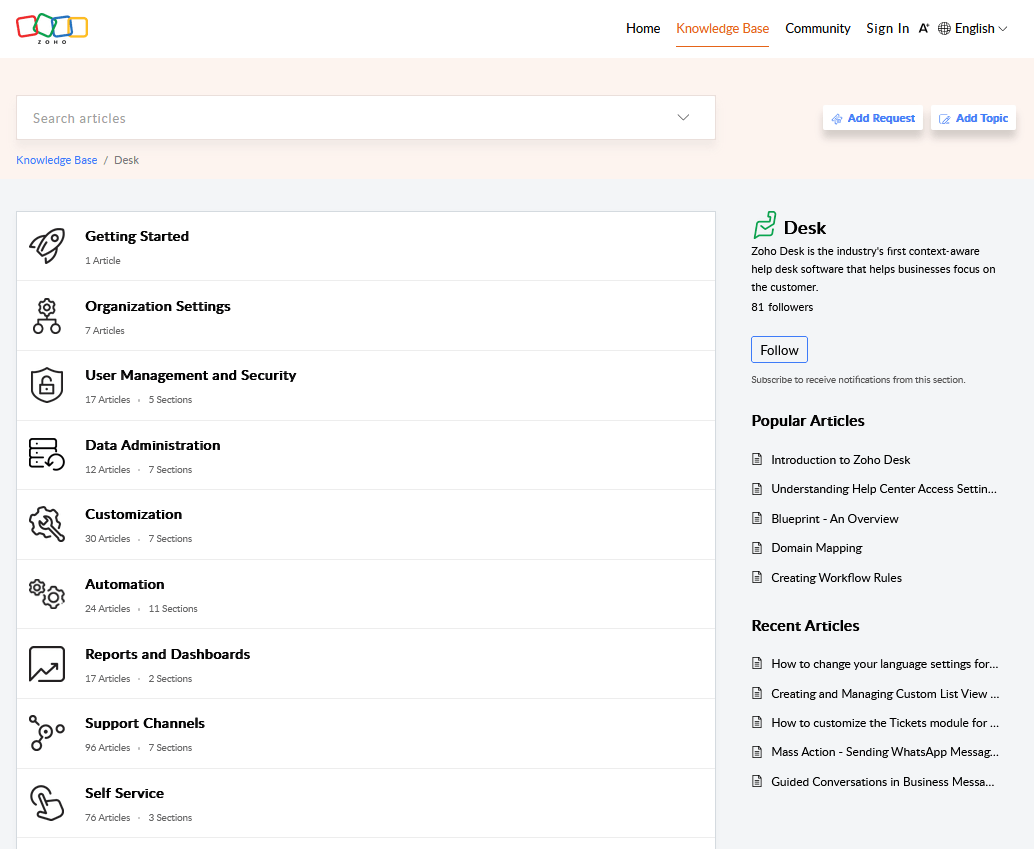 Knowledge base created with Zoho Desk