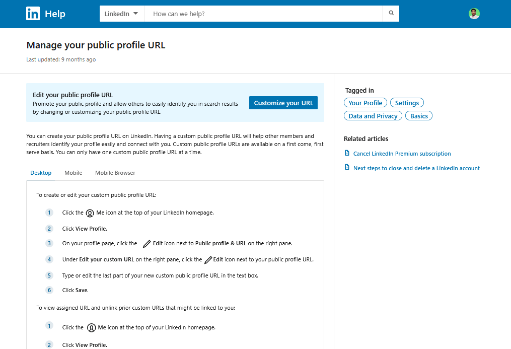 LinkedIn's knowledge base article example