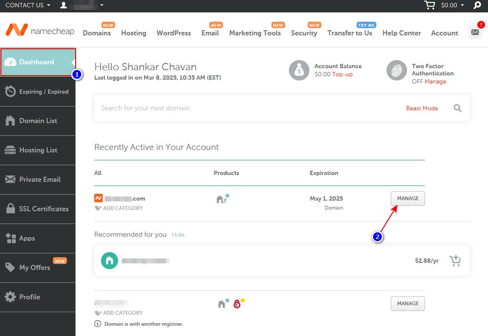 Managing domain name with Namecheap