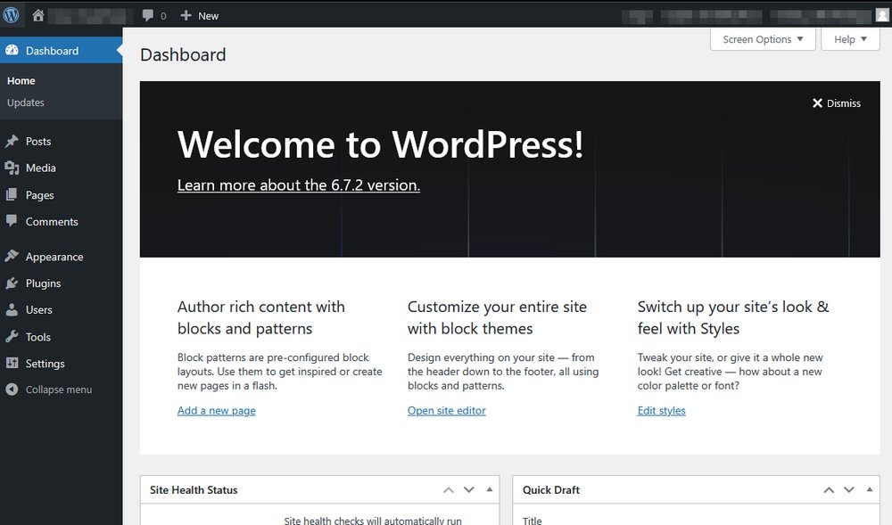 Newly created WordPress website dashboard
