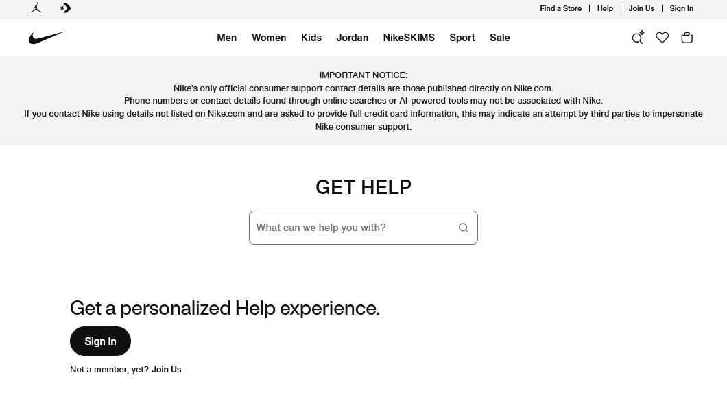 Page de contact Nike