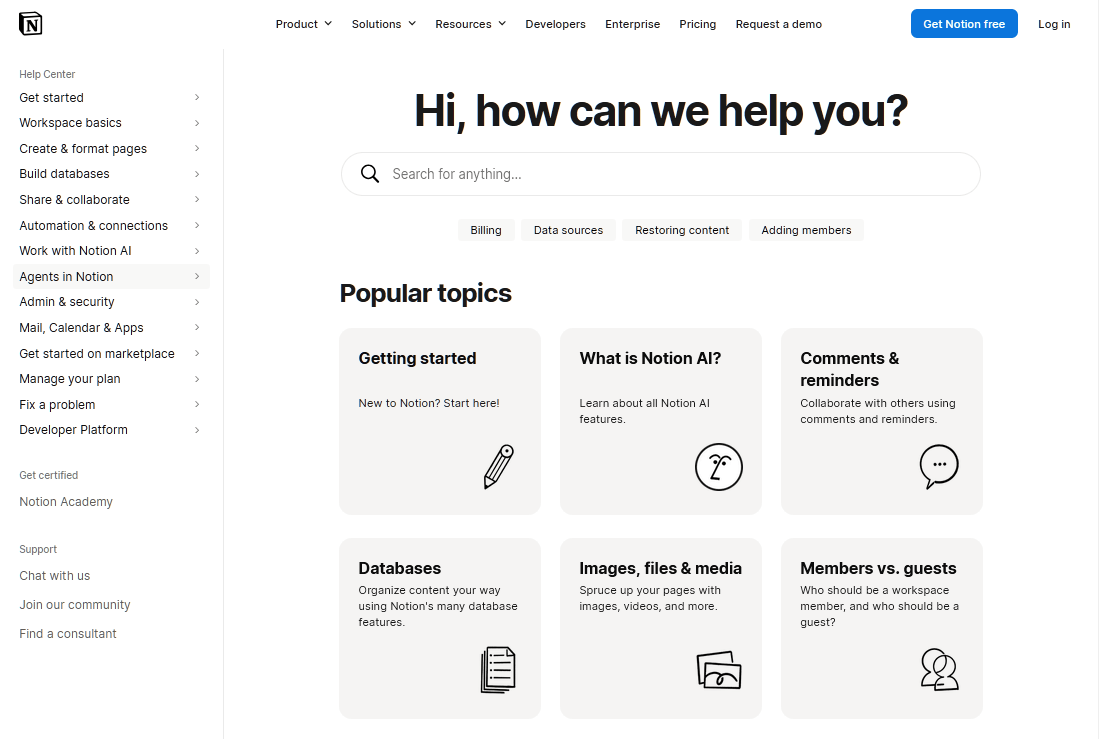 Notion Help Center example