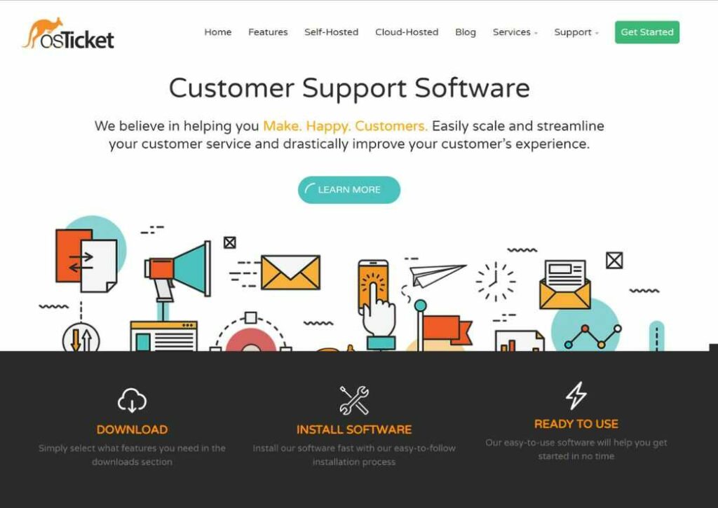 Product page of osTicket help desk system