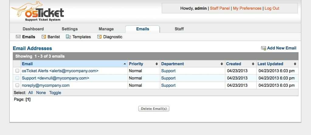 Support emails in osTicket helpdesk software