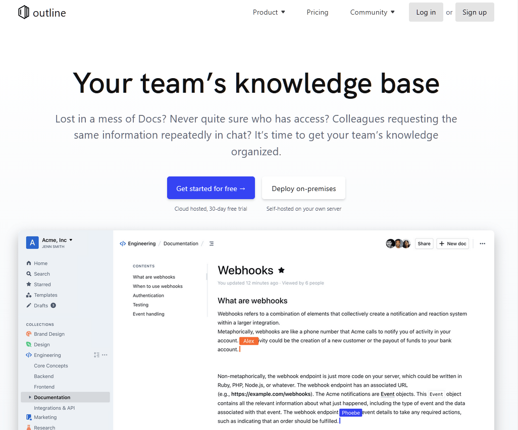 Outline team knowledge base software