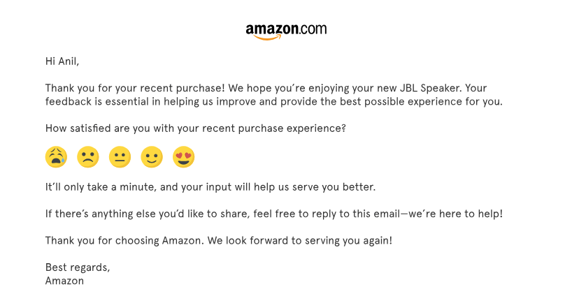 Postsupportcsatemailexamplefromamazon HeroThemes Beispiel für eine CSAT-E-Mail nach dem Support von Amazon
