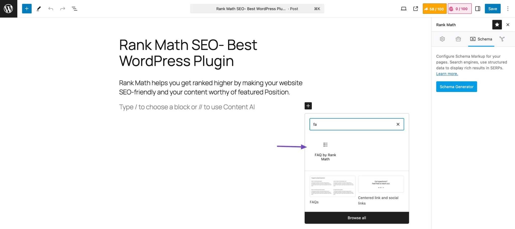Rank Math SEO FAQ Block addition