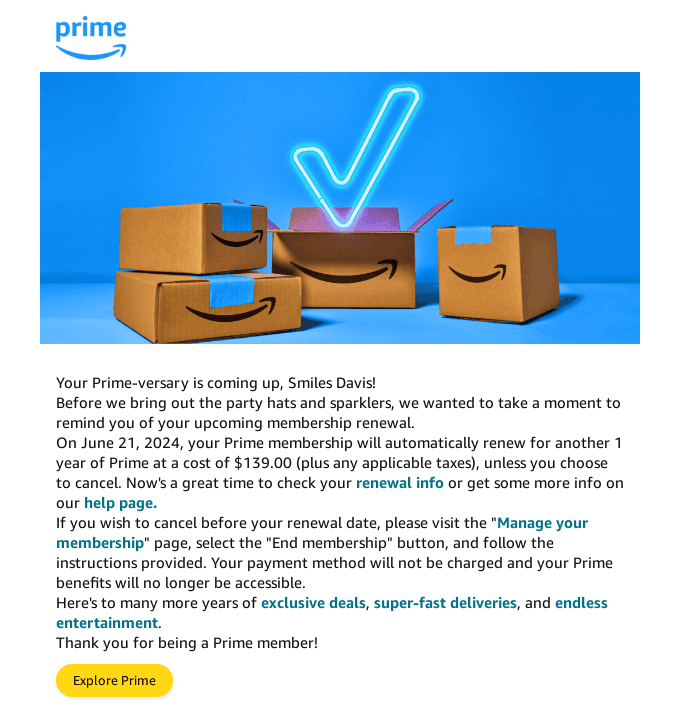 Renewal email notice example from Amazon Prime