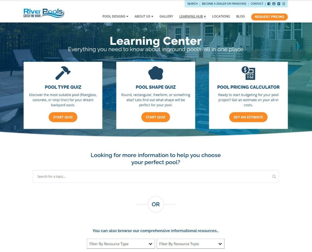 River Pools Learning Center content hub