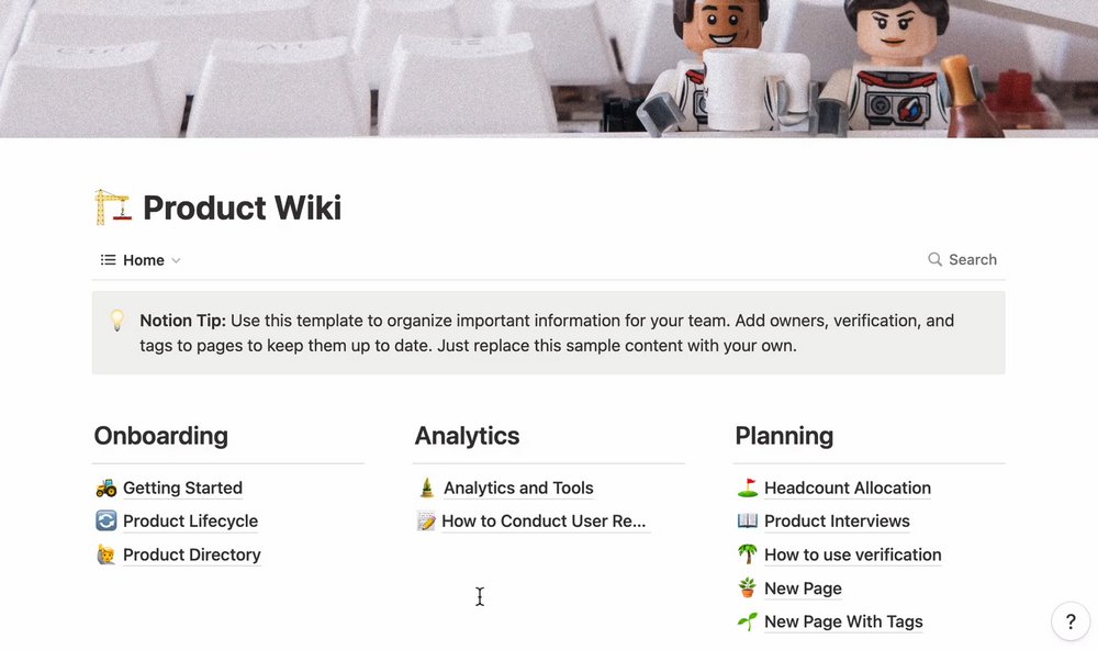 Screenshot of Notion showing product wiki