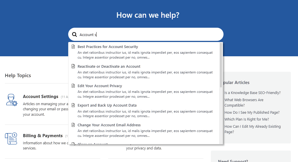 Search bar in help center