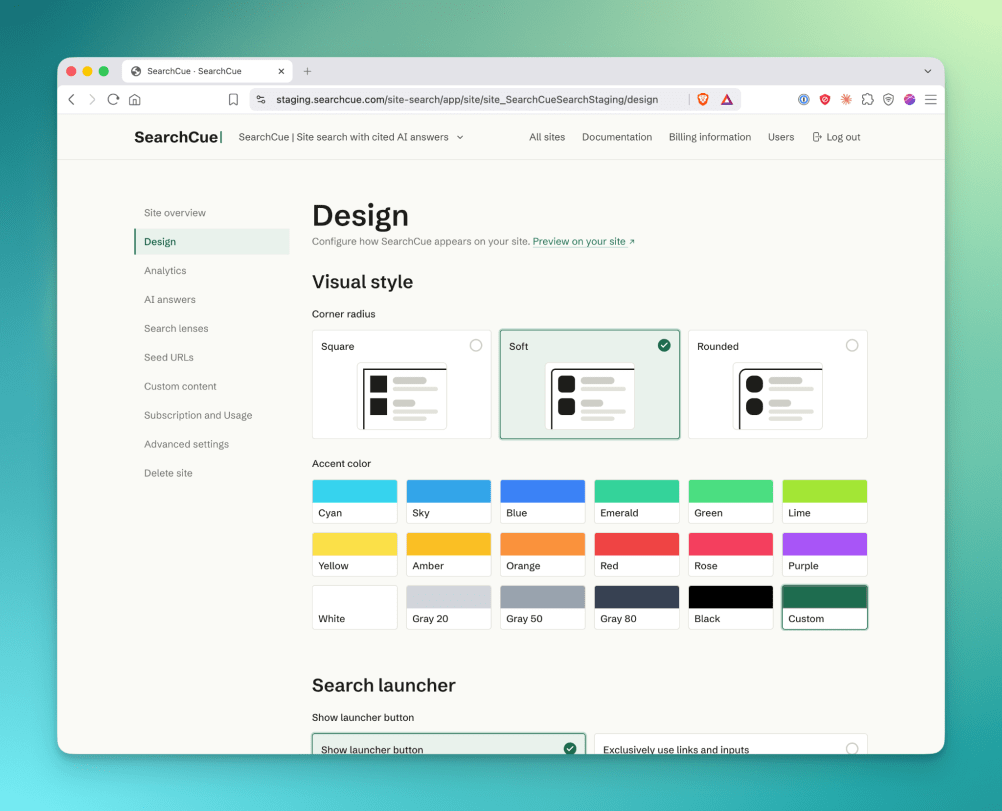 SearchCue design settings 