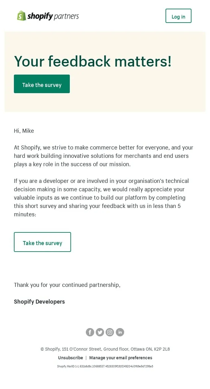 Shopify Post-Purchase Product Feedback Email example