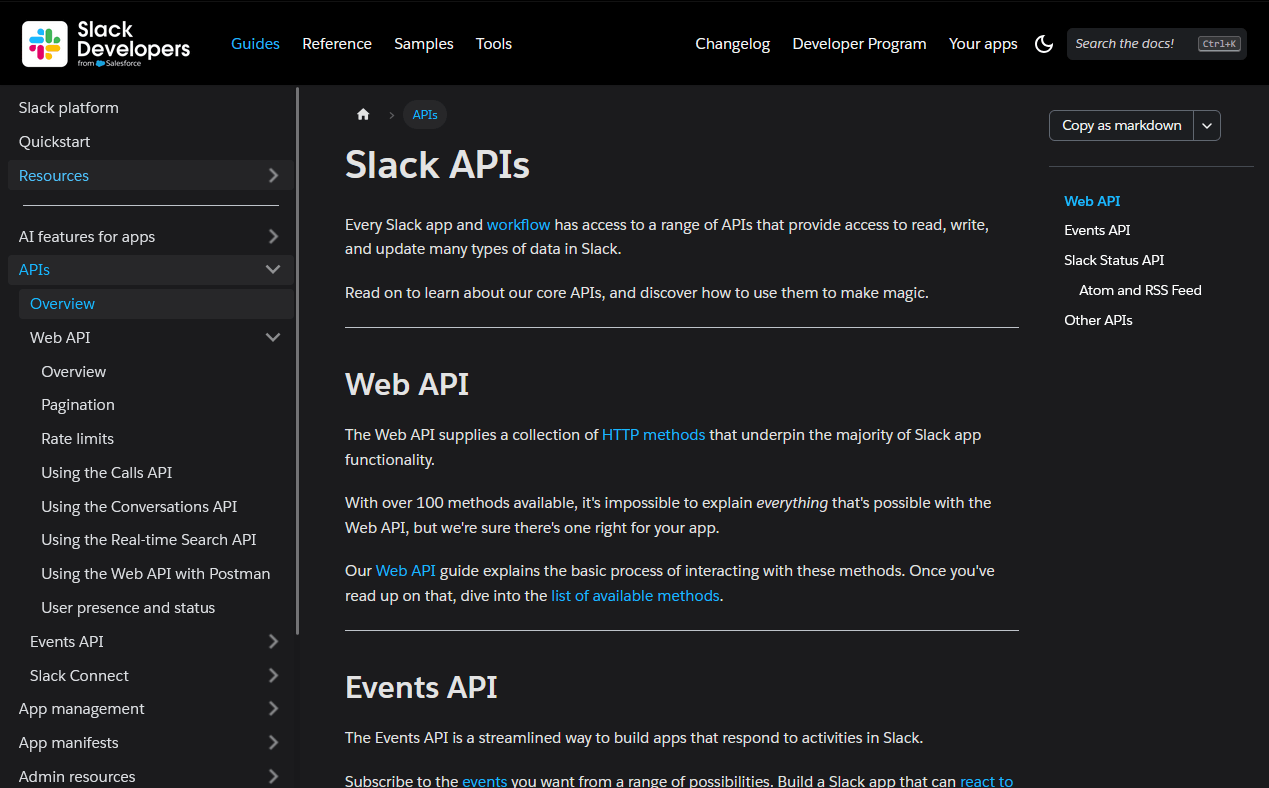 Slack’s API documentation with a clean layout