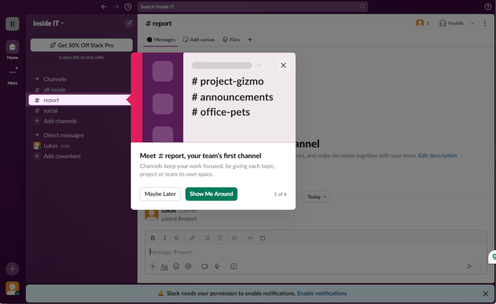 Slack's Interactive Product Tour example