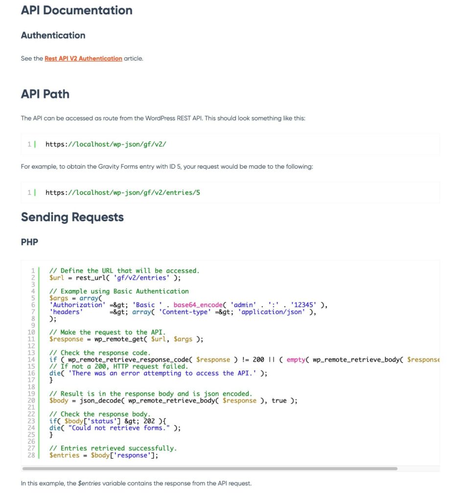 Software documentation example for API docs