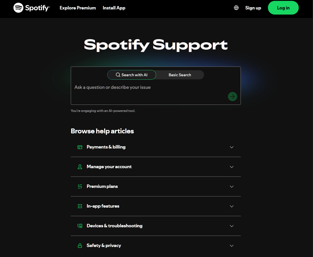 Spotify Support page
