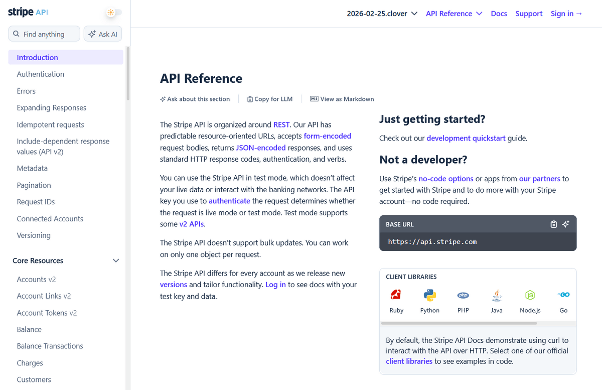 Stripe API Documentation Example