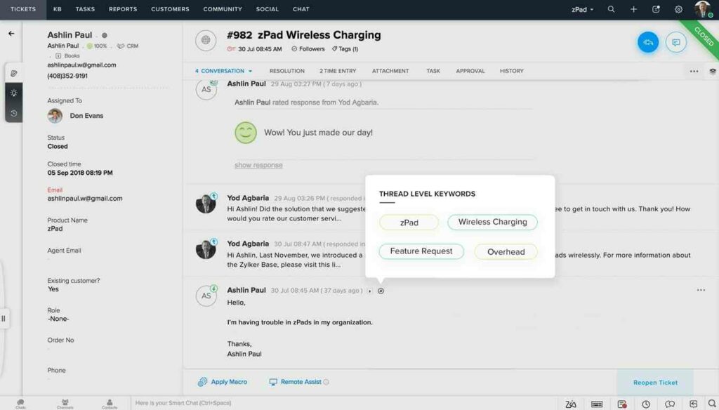 Ticket conversation in Zoho Desk’s help desk software
