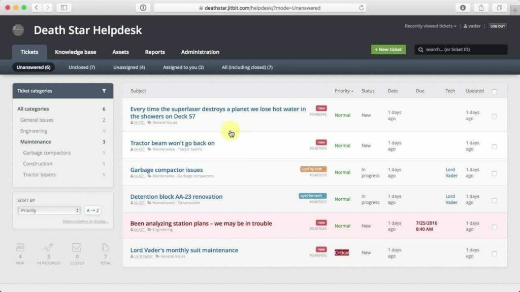Unanswered ticket section in a help desk made with JitBit