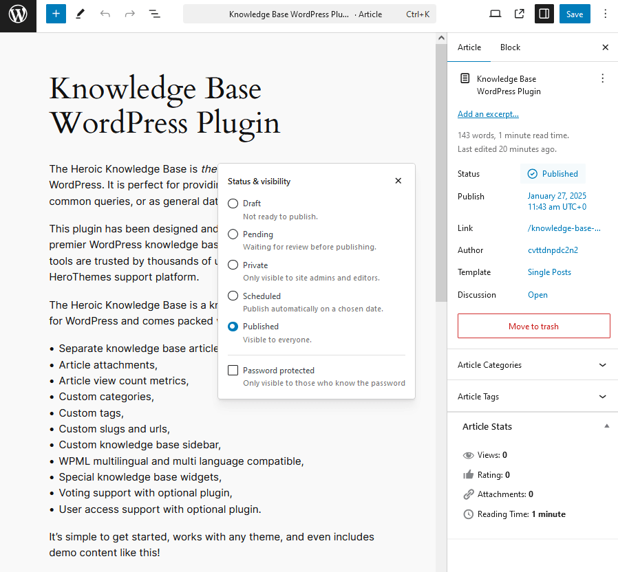 WordPress status and visibility settings