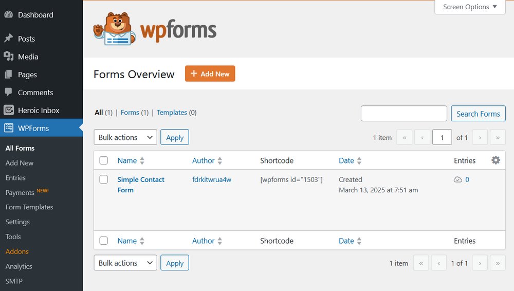 WPForms dashboard