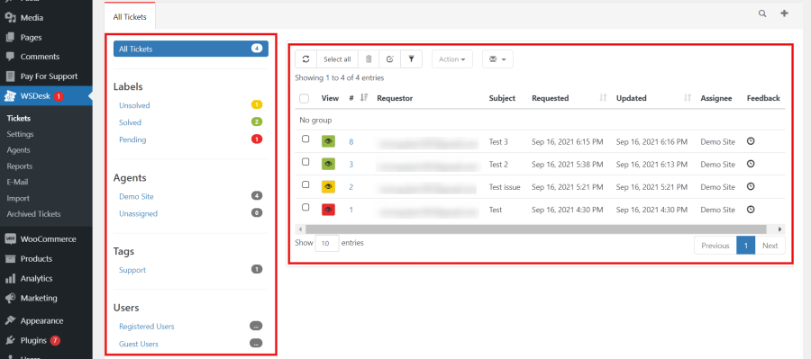 WSDesk’s ticket dashboard inside WP Admin