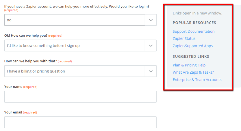 Zapier contact page example