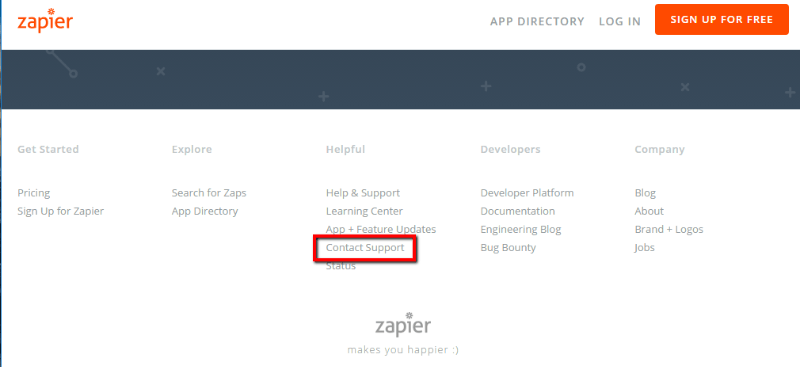 Zapier example contact us page access from footer