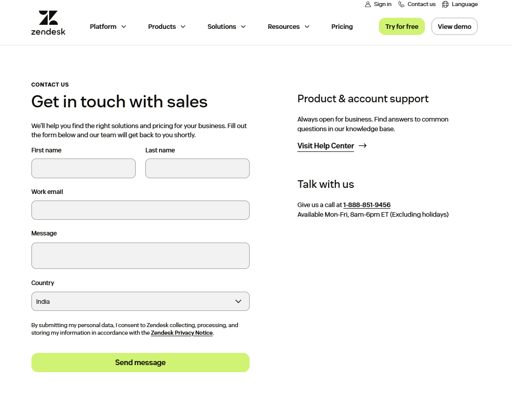 Page de contact Zendesk