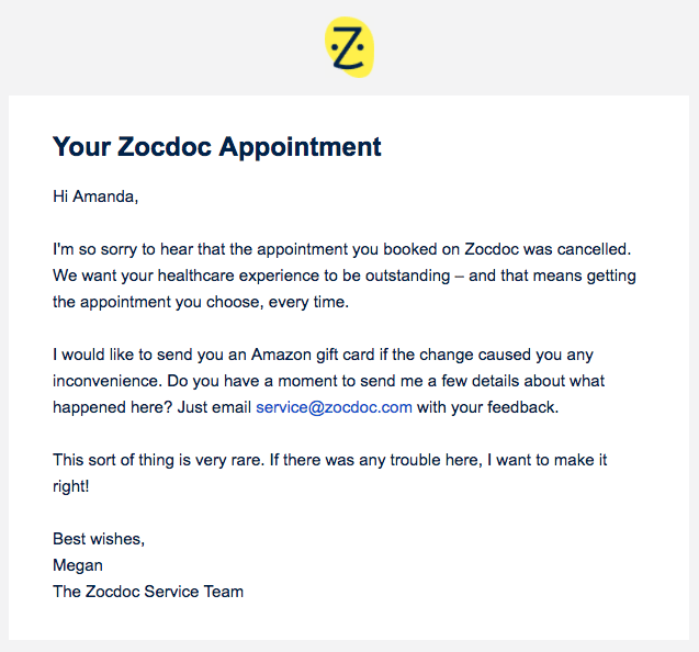 Zocdoc’s apology email example for missed appointment
